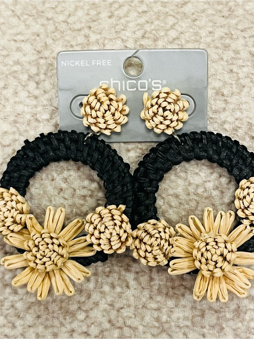 Chico's Black and Natural Floral Raffia Hoop Earrings